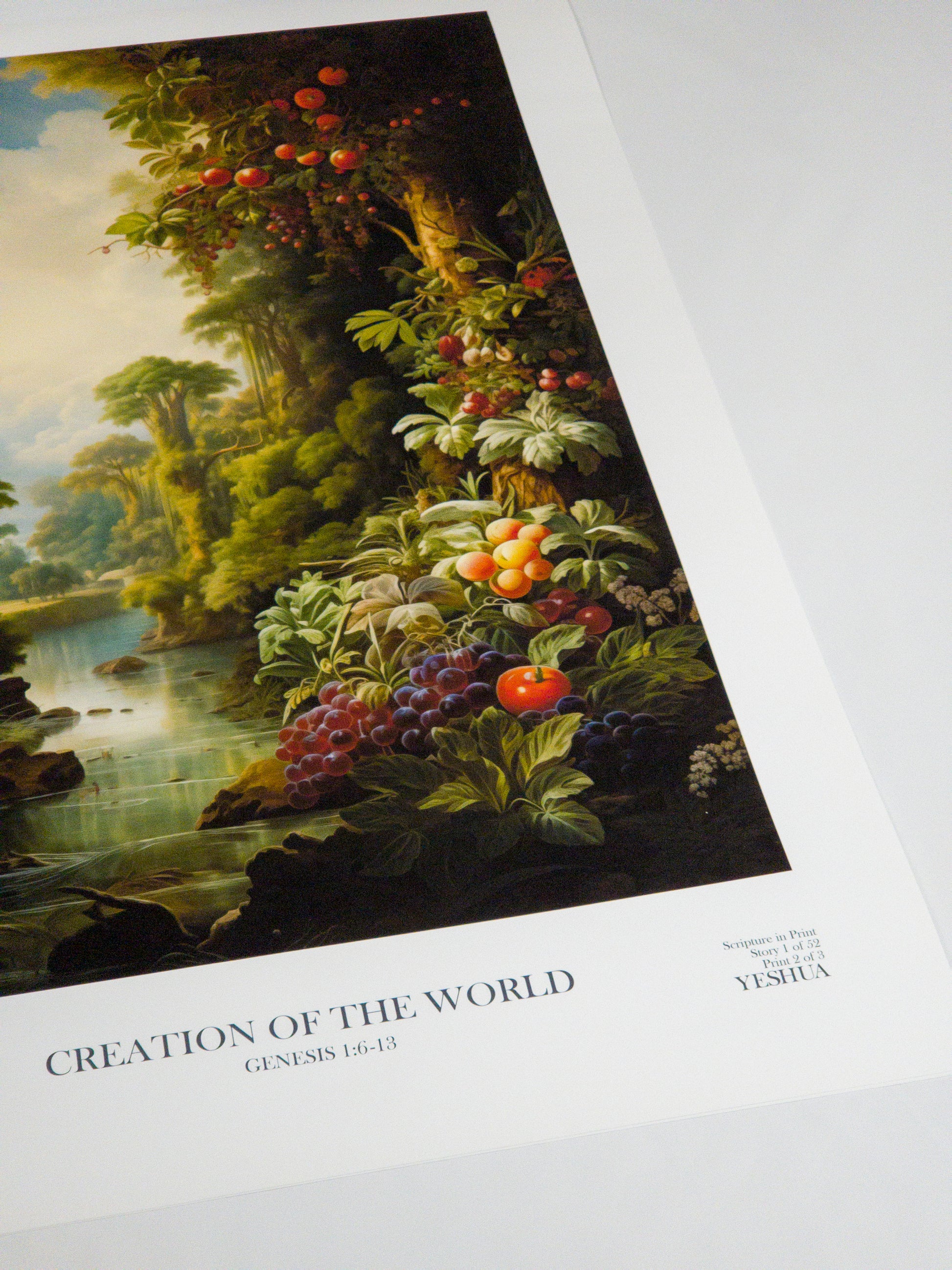 Step into the lush abundance of Eden. This artwork portrays the second and third days, where waters gathered and greenery unfurled, a testament to the Earth's initial bloom under God's word.