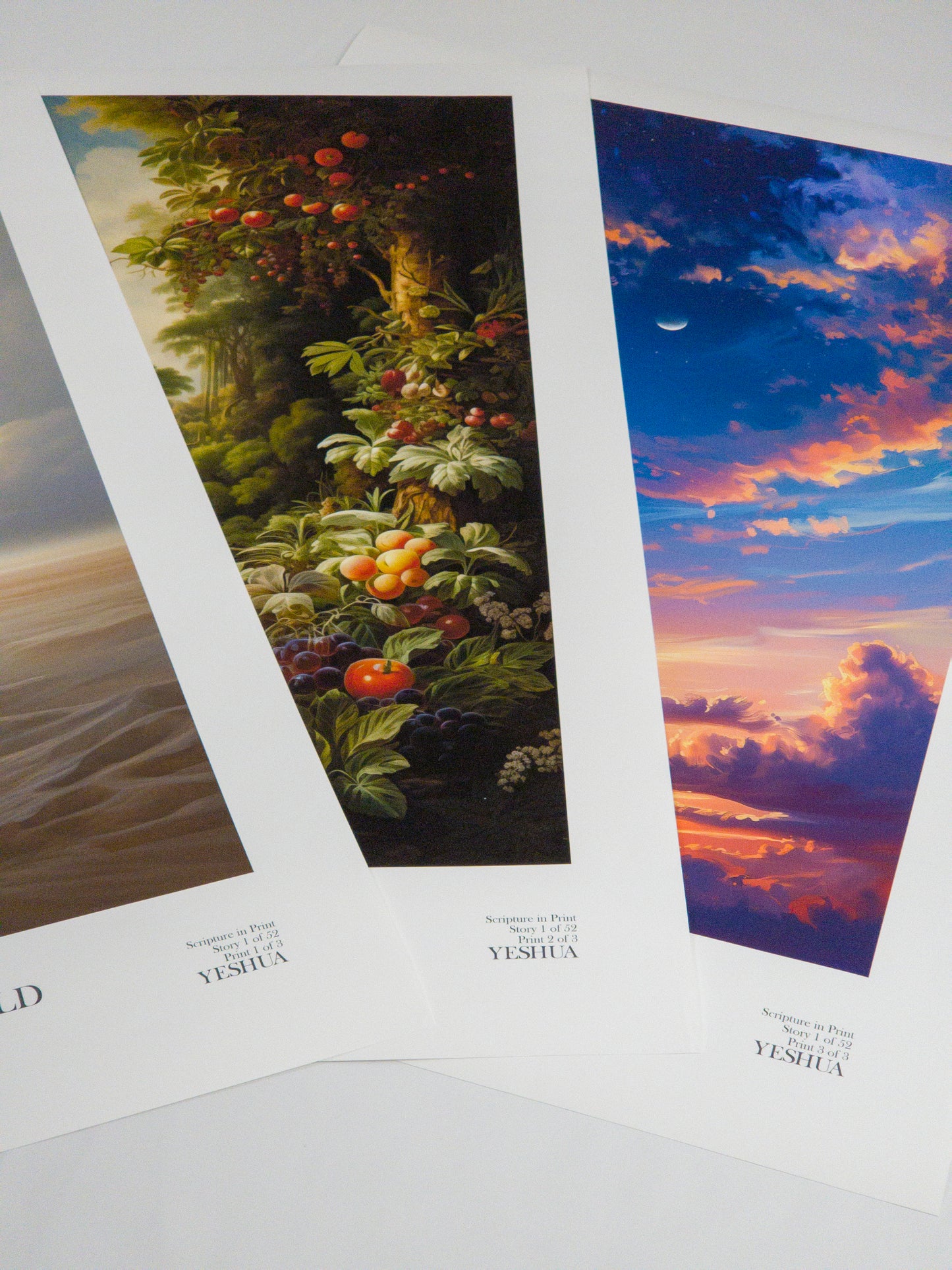 Scripture in Print: 52 Bible Stories in Series of Three Art Prints Embark on a visual journey through the Bible with the Scripture in Print collection. Here shown are 3 prints in a bundle.